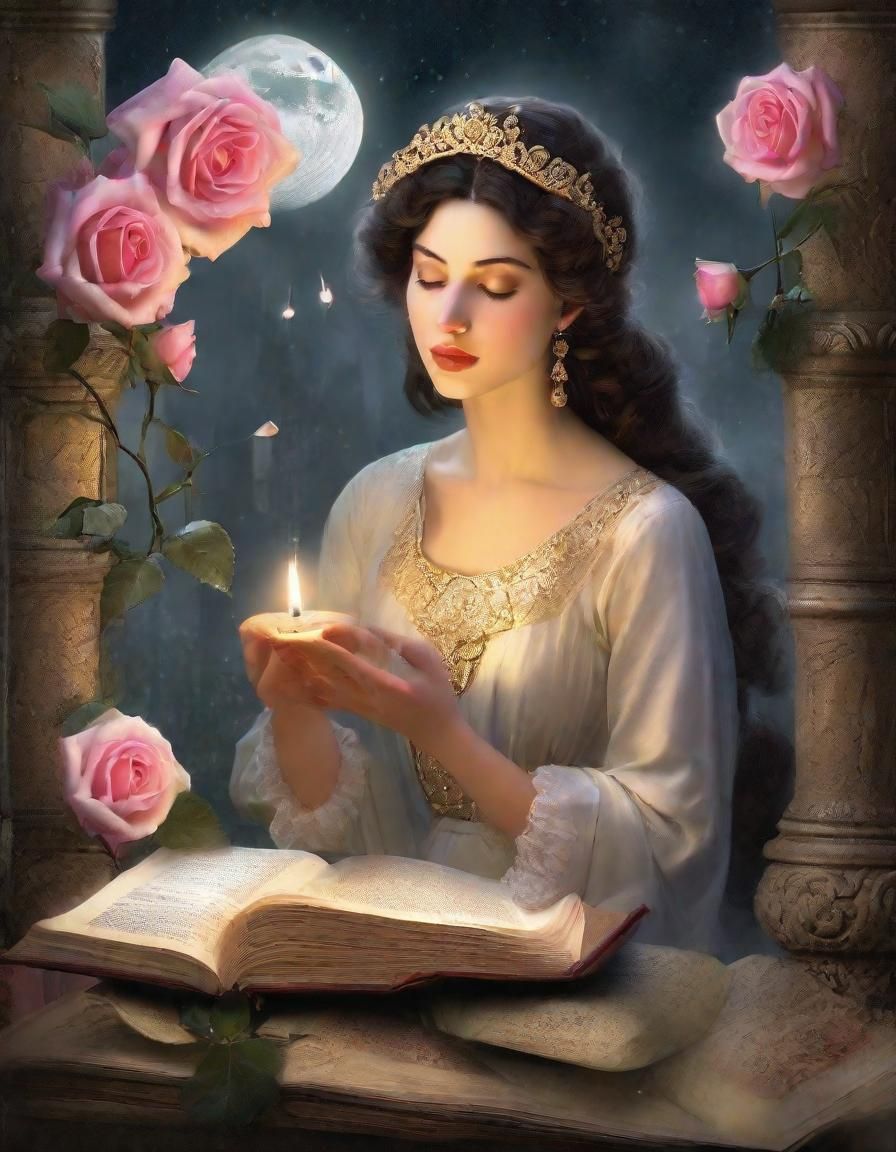 Moonlit Maiden Reading by Candlelight in Hyperdetailed Style