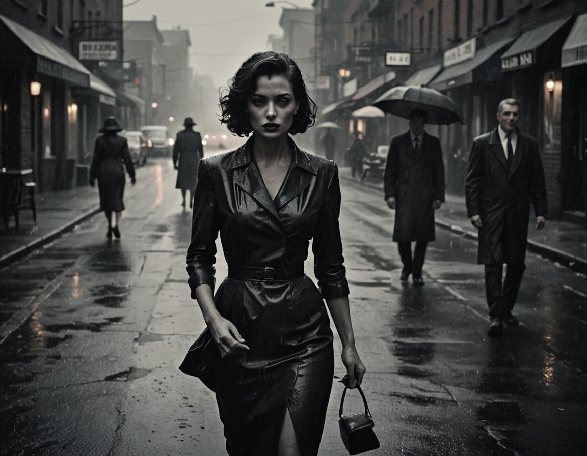 Film Noir Lady in Rainy Street, Cinematic Lighting