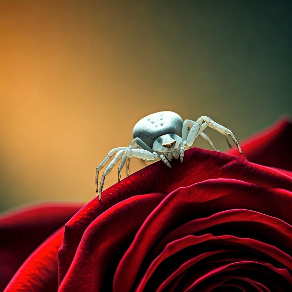 Glowing White Spider on Crimson Rose Petal