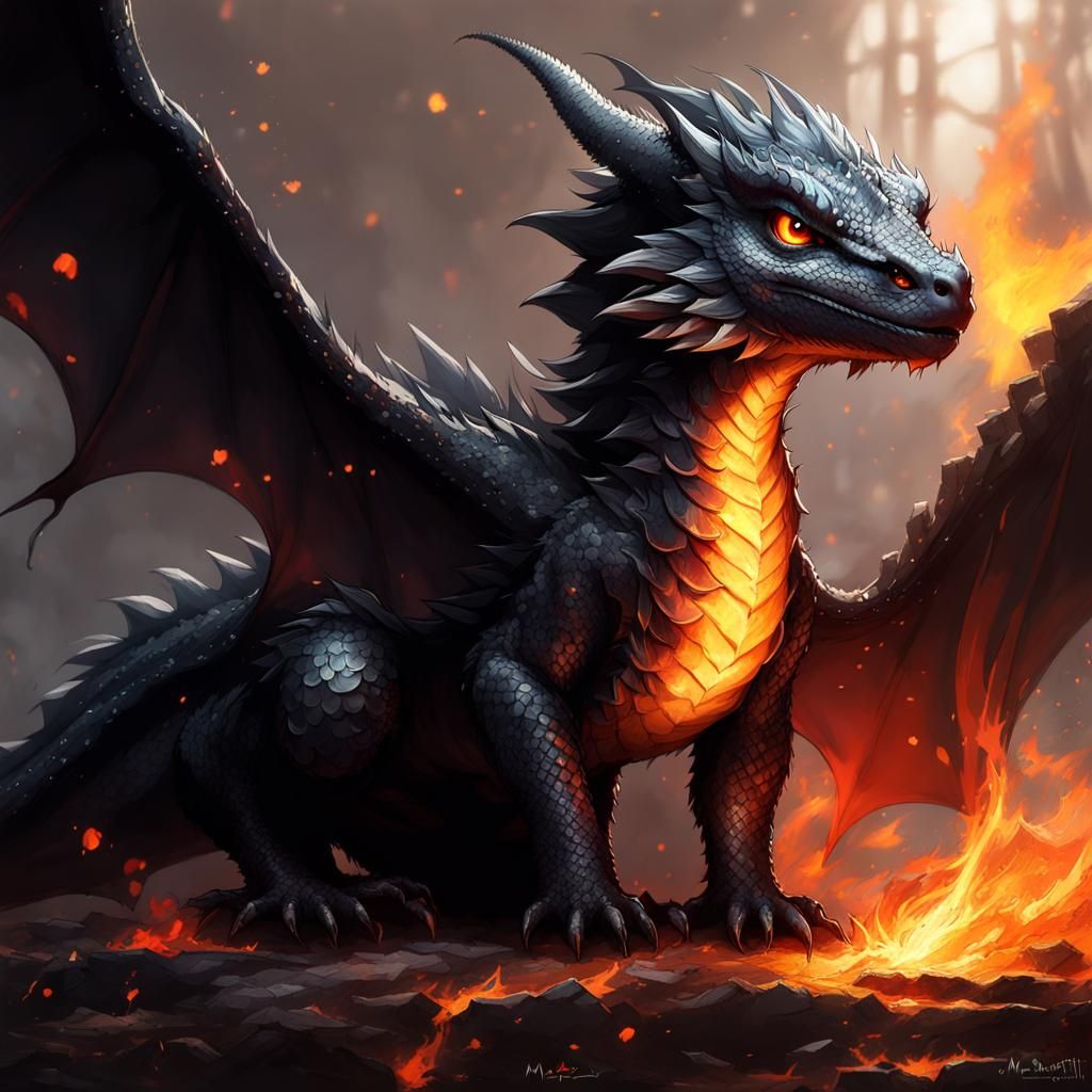 Chibi Black Dragon with Fire, Digital Art