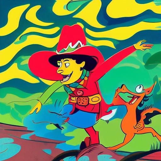 Vibrant Cartoon Alligator Rides Majestic Horse in Sun-Drench...