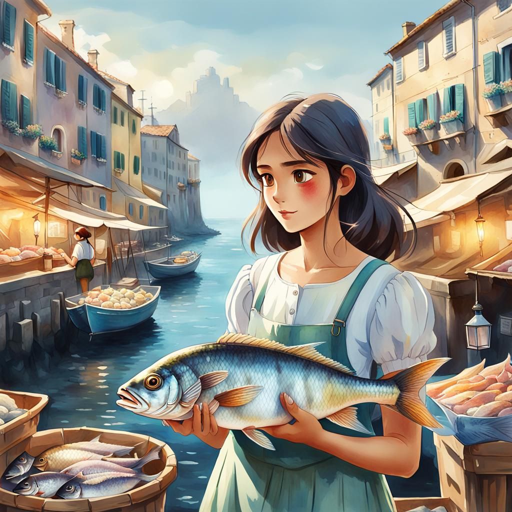 Italian Girl at Fish Market in Ghibli Style