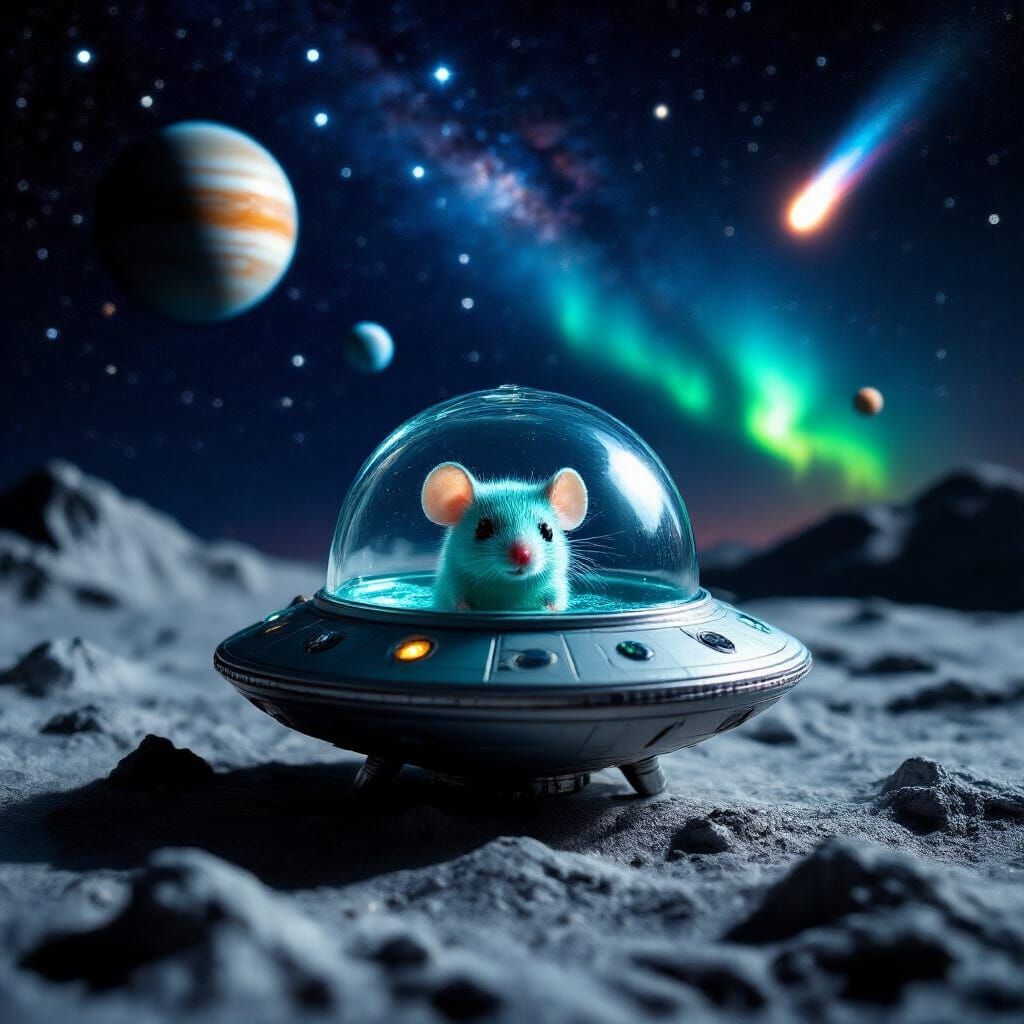 Alien Spaceship with Aqua Mouse on Moon Surface