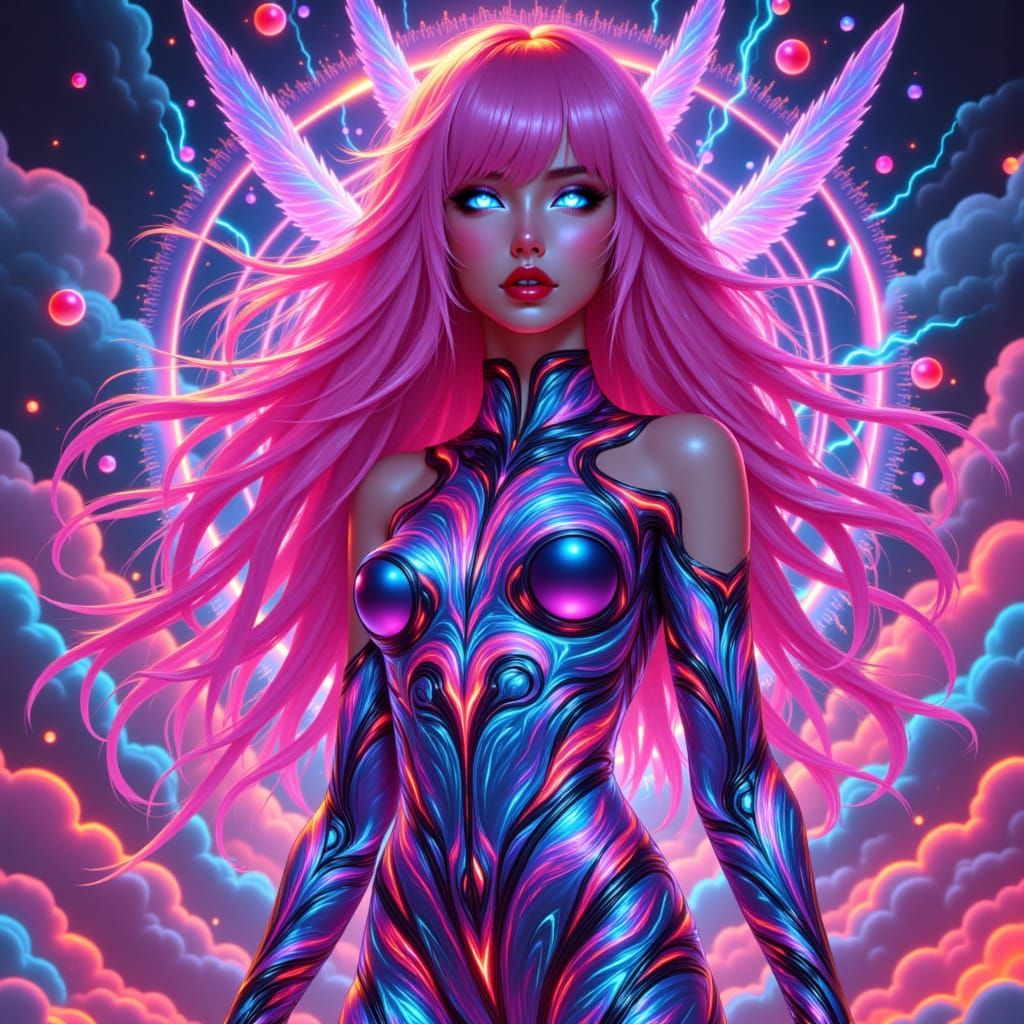 Dominant Cyberpunk Goddess in a Kaleidoscopic Futuristic Wor...