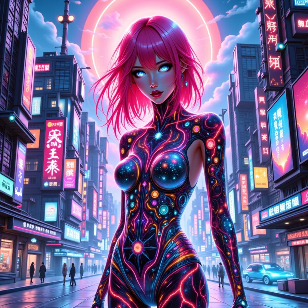 Surreal Anime Girl Dominates Futuristic City