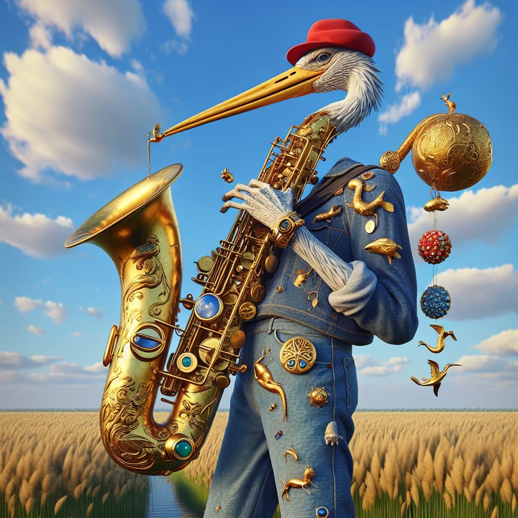 Stork Humanoid Plays Saxophone in Photo-Realistic Style