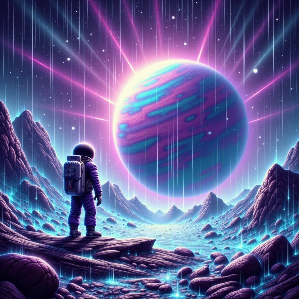 Astronaut Gazes at Swirling Nebula on Alien Planet