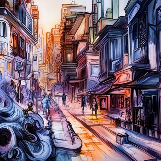 Labyrinth Streets: Black Ink Flow in Gouache Style