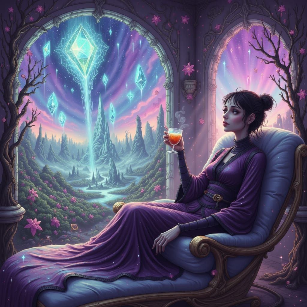 Cosmic Empress in Holographic Spa Overlooking Alien Jungle