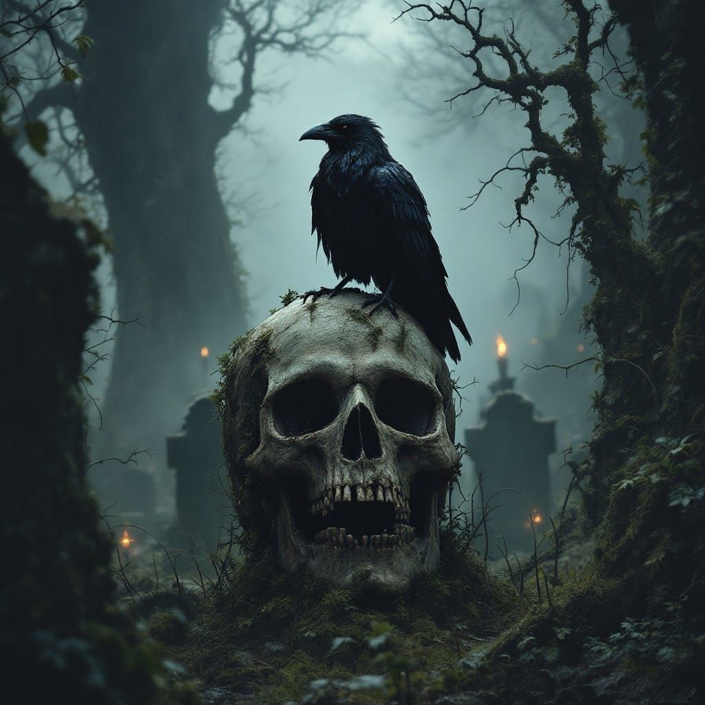 Dark Faerie Realm: Raven on Ancient Skull