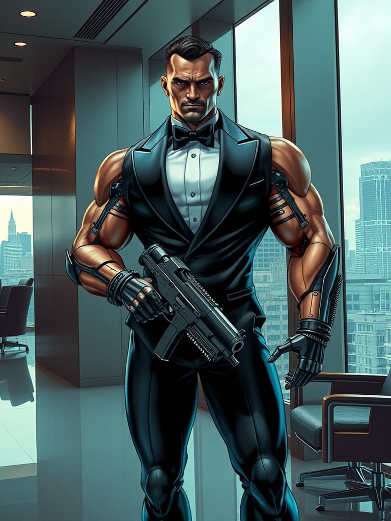 Tactical Cyborg Bodybuilder in Sleek Futuristic Office