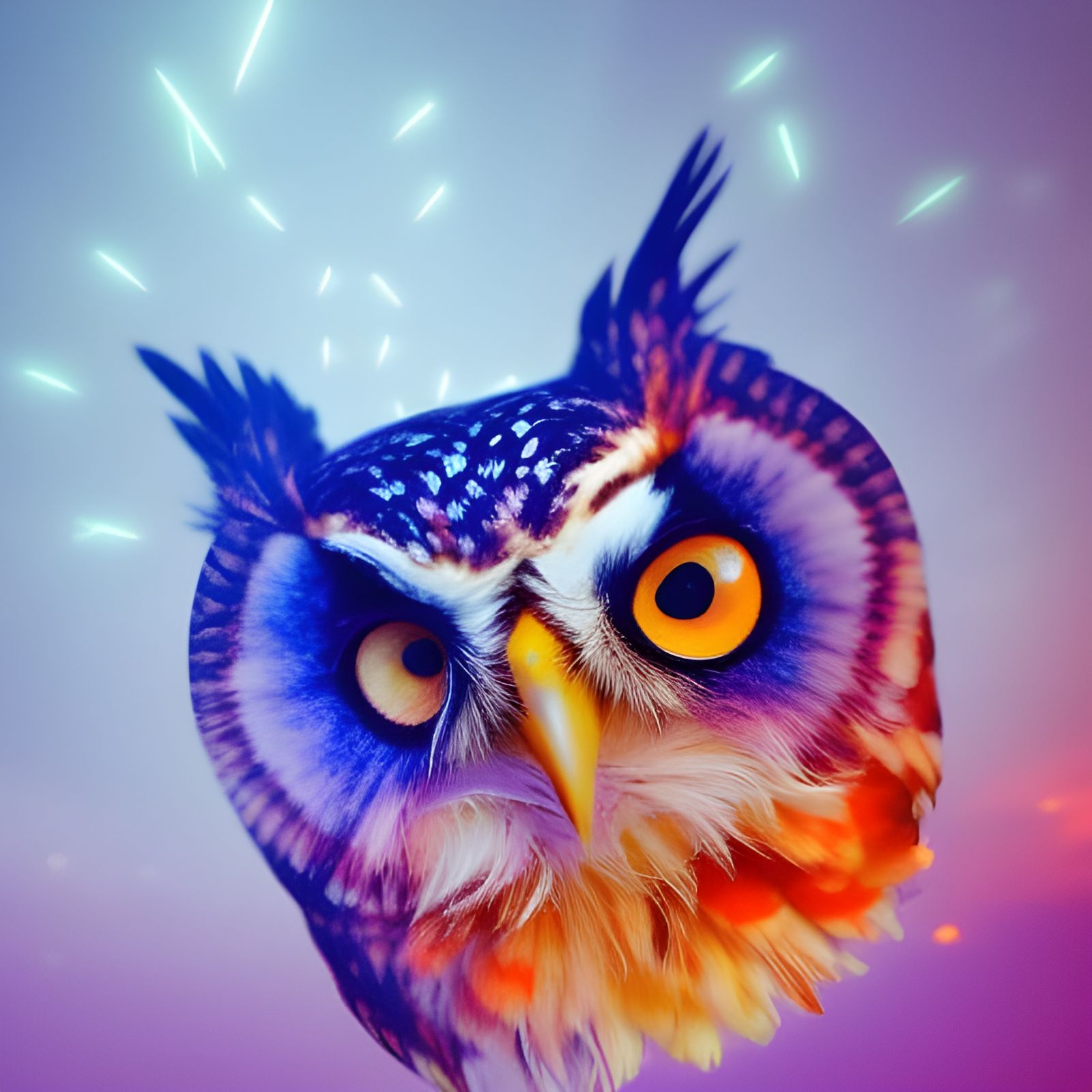 Colorful Owl in Flight: Futuristic Midnight Scene
