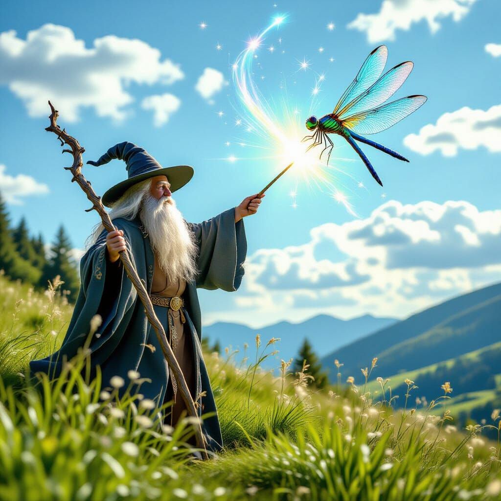 Wizard Conjures Dragonfly Dance on Sunlit Hillside