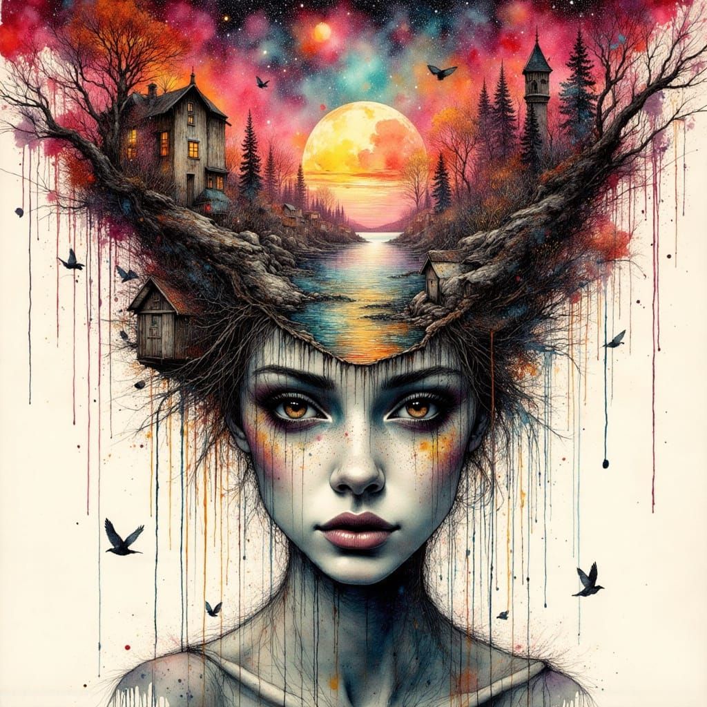 Galaxy Drips Into Cityscape Silhouette Head