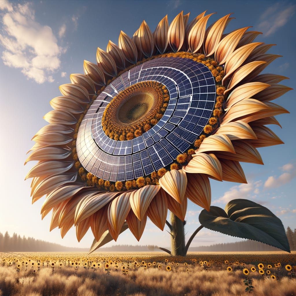 Giant Sunflower with Solar Panel Petals in Open Field