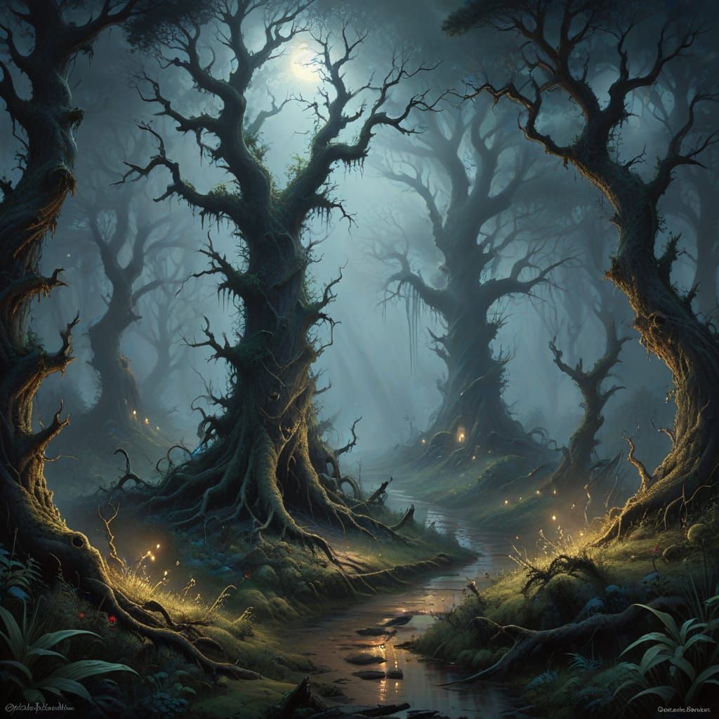 Mystical Forest in a Dark and Sinister Hyperdetailed World
