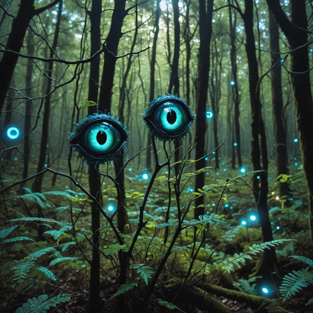 Bioluminescent Animal Eyes in Dark Forest