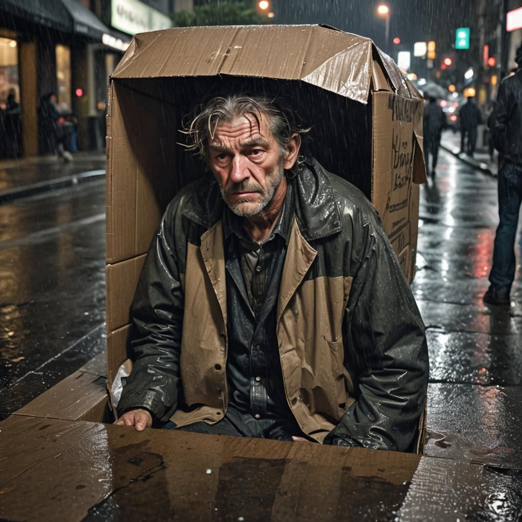 Homeless Man in Rain: Cinematic Realism