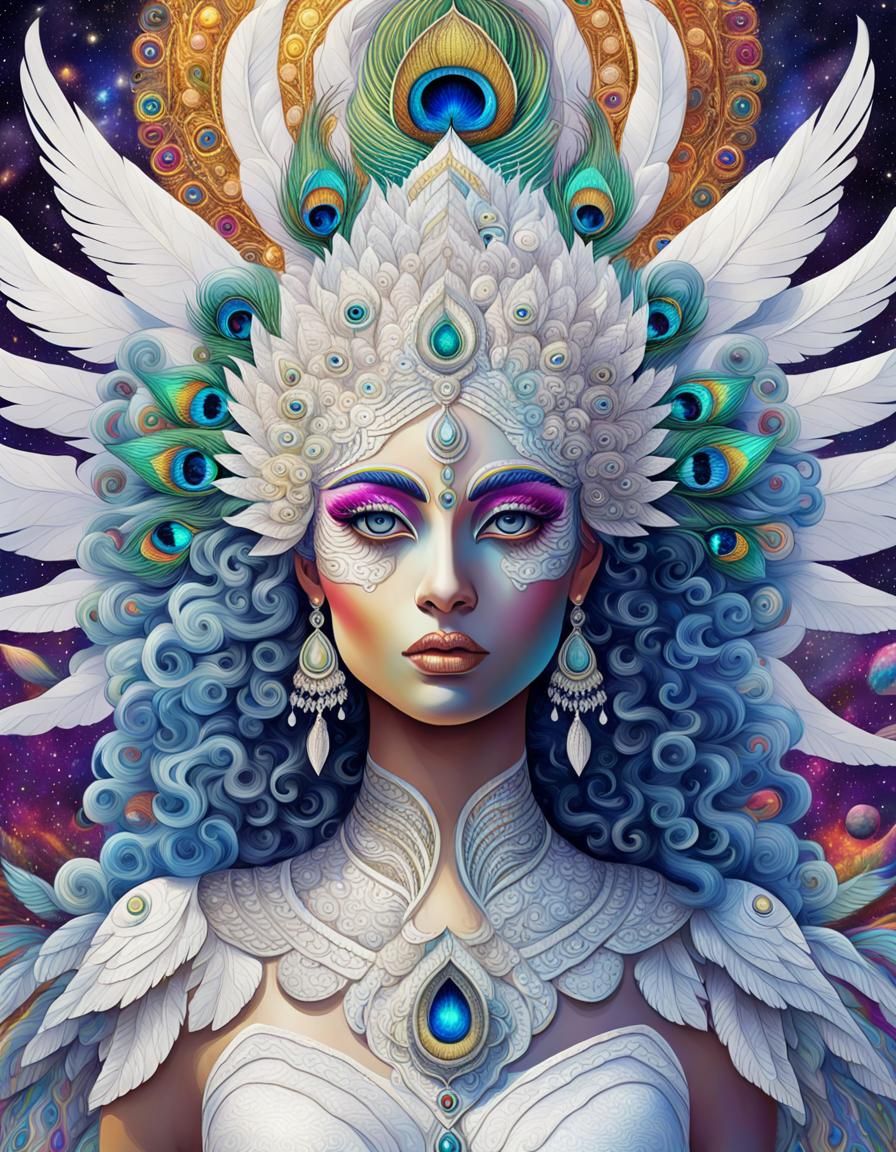 Fantasy Indian Peacock Goddess in Mixed Media Style