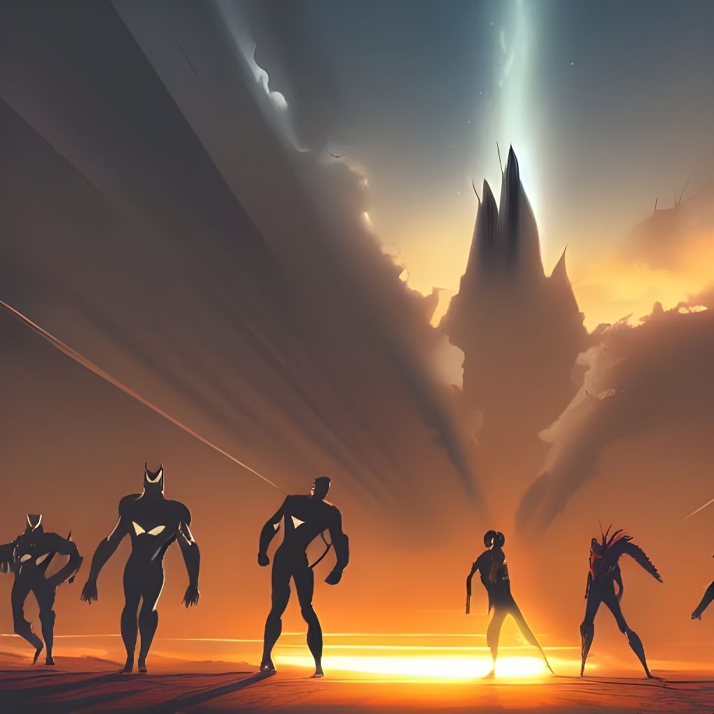 Epic Superhero Silhouettes in Apocalyptic Sci-Fi Scene