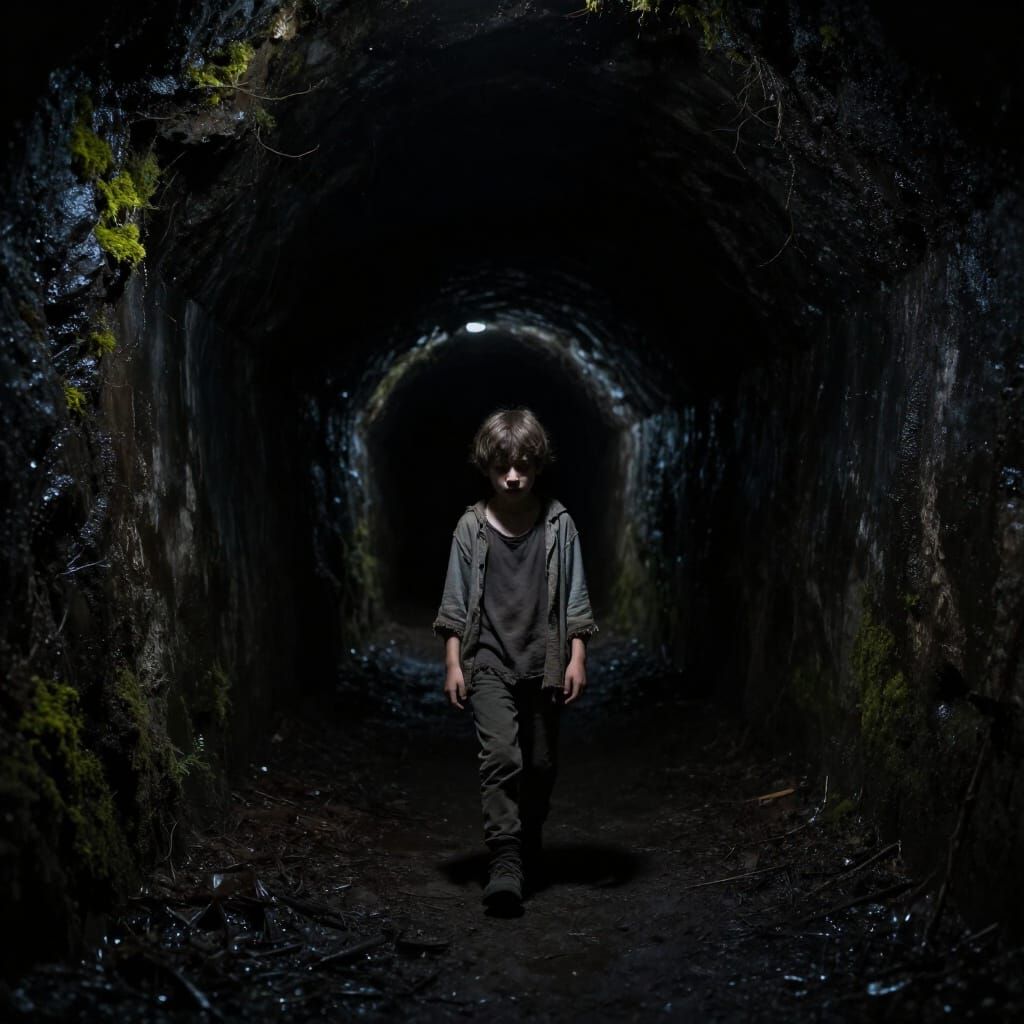 Lost Boy in Dark Tunnel Hyperrealistic Chiaroscuro