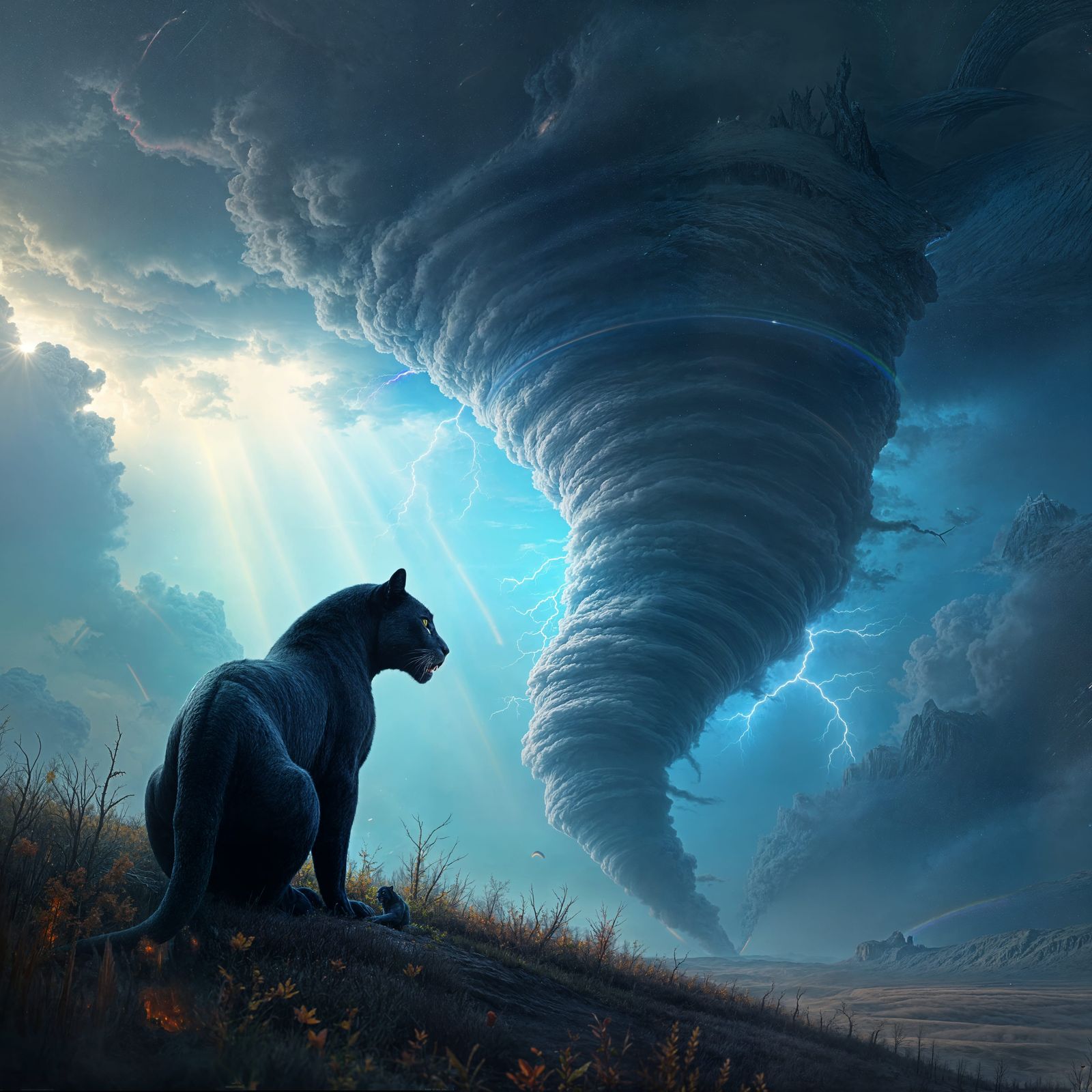 Rainbow Tornado with Panther in Detailed Matte Painting