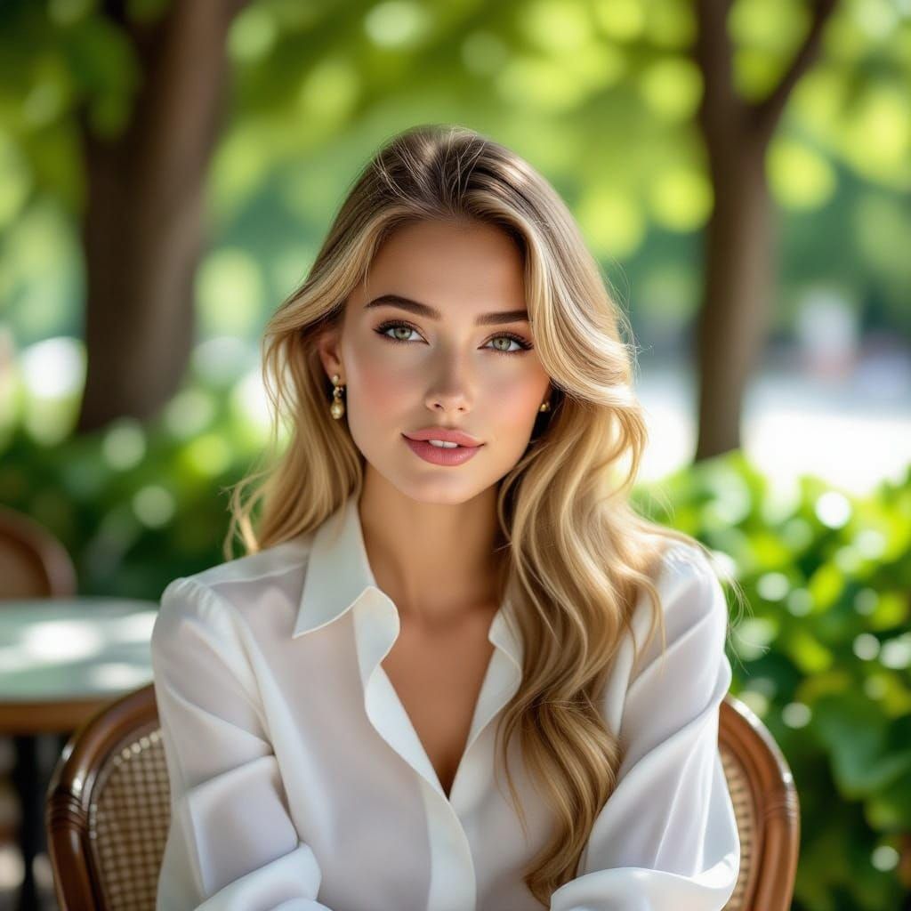 Impressionist Painting Of A Shy Woman In A Park Cafe