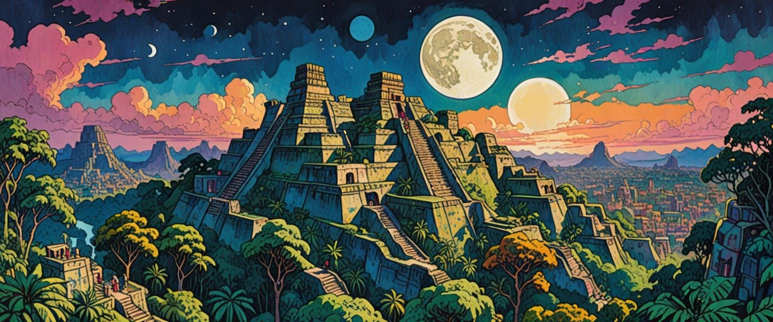 Moonlit Mayan City in Jungle, Comic Art Style