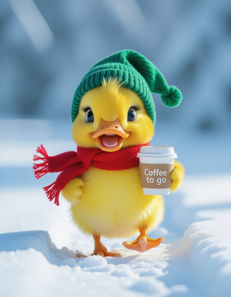 Cute Duck in Snow With Coffee