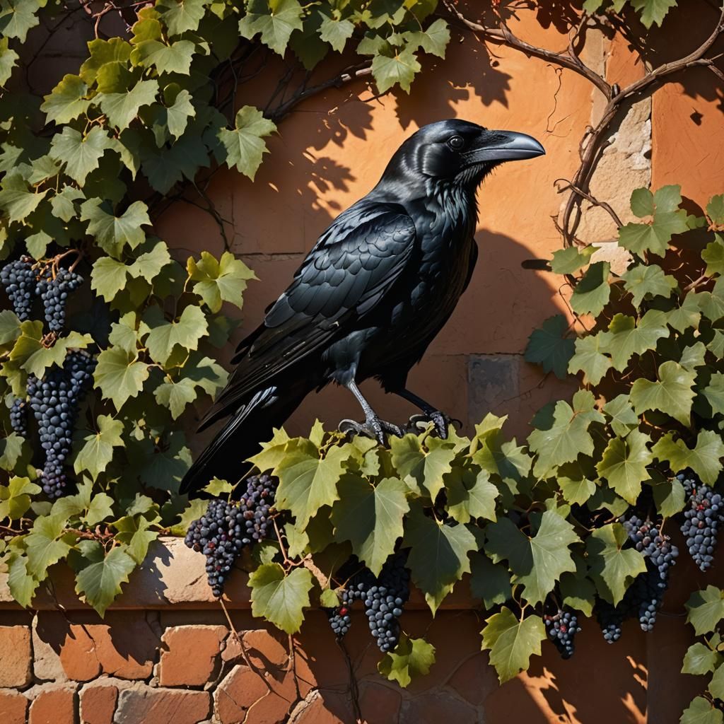 Raven Among Grape Vines in Photorealistic Style