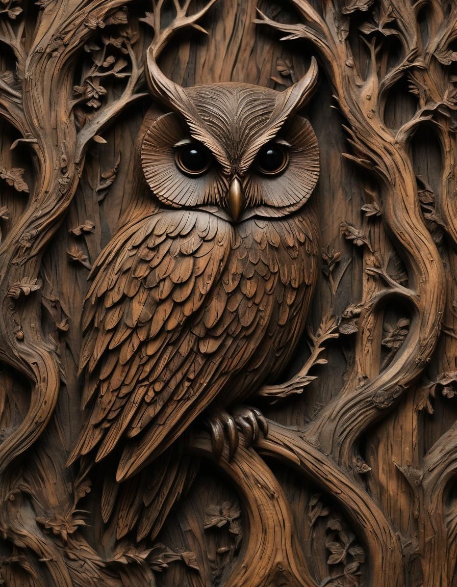 Mystical Owl Wood Carving in Forest