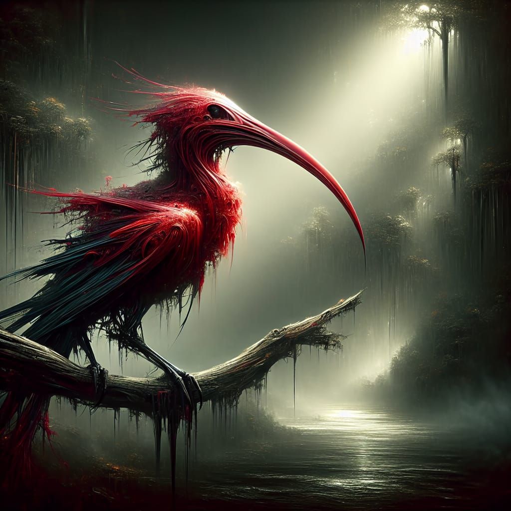 Crimson Shadow Bird in Misty Swamp, Digital Art