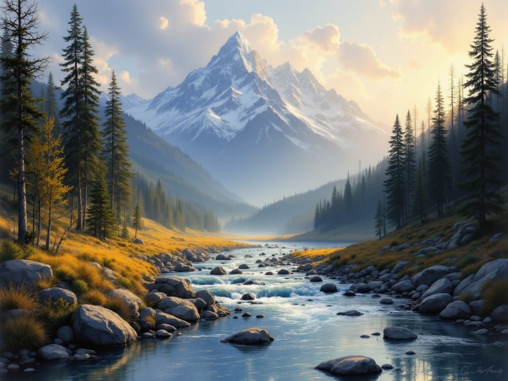 Serene River Valley at Sunset, Hyperrealistic Landscape