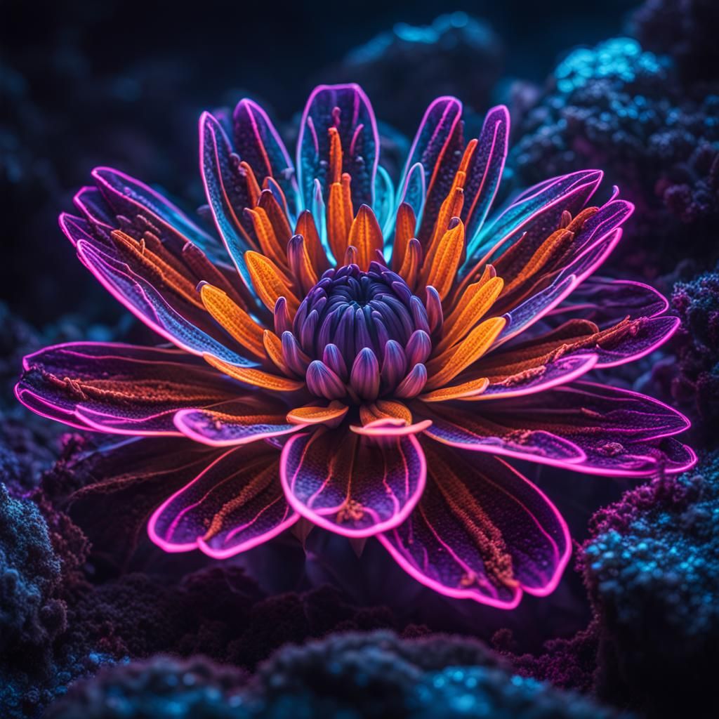 Bioluminescent Neon Flower in Fantasy Cave