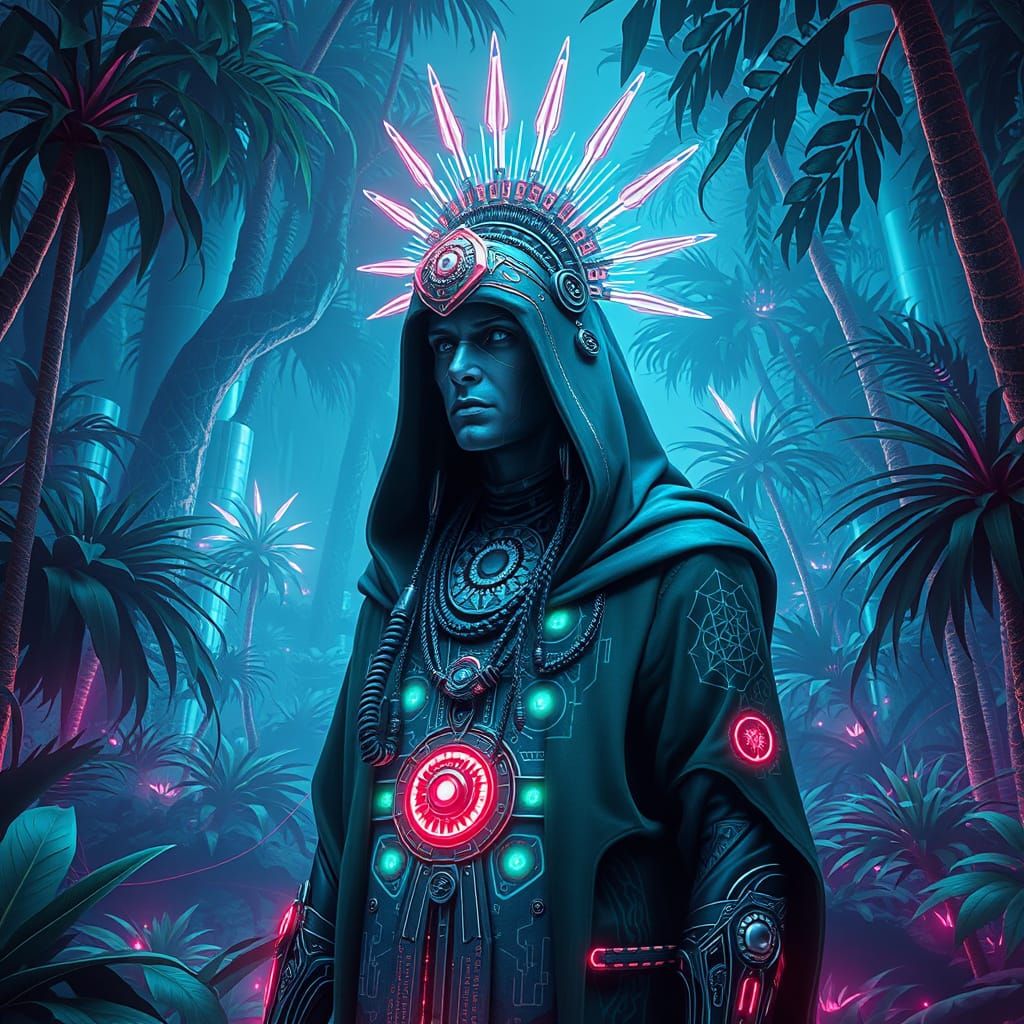 Biomechanical Shaman in Digital Rainforest: Cyberpunk Art
