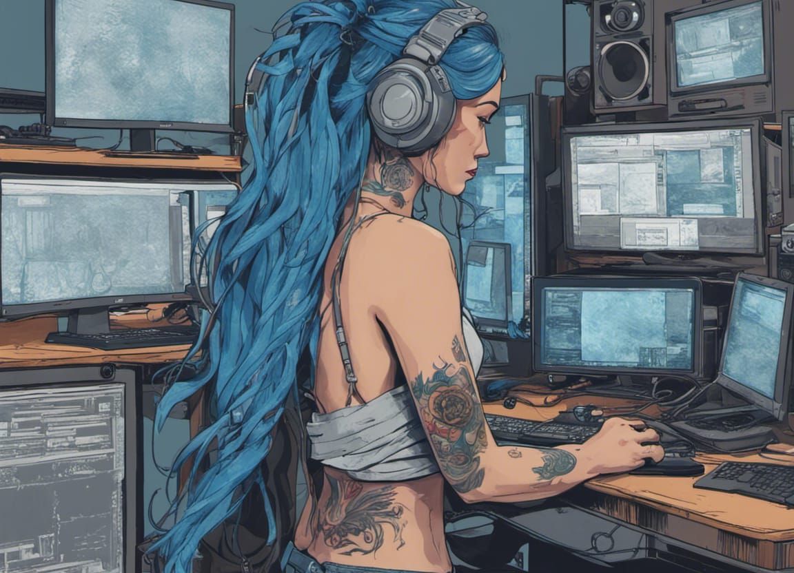 Blue-Haired Tech Prodigy at Computer Rig