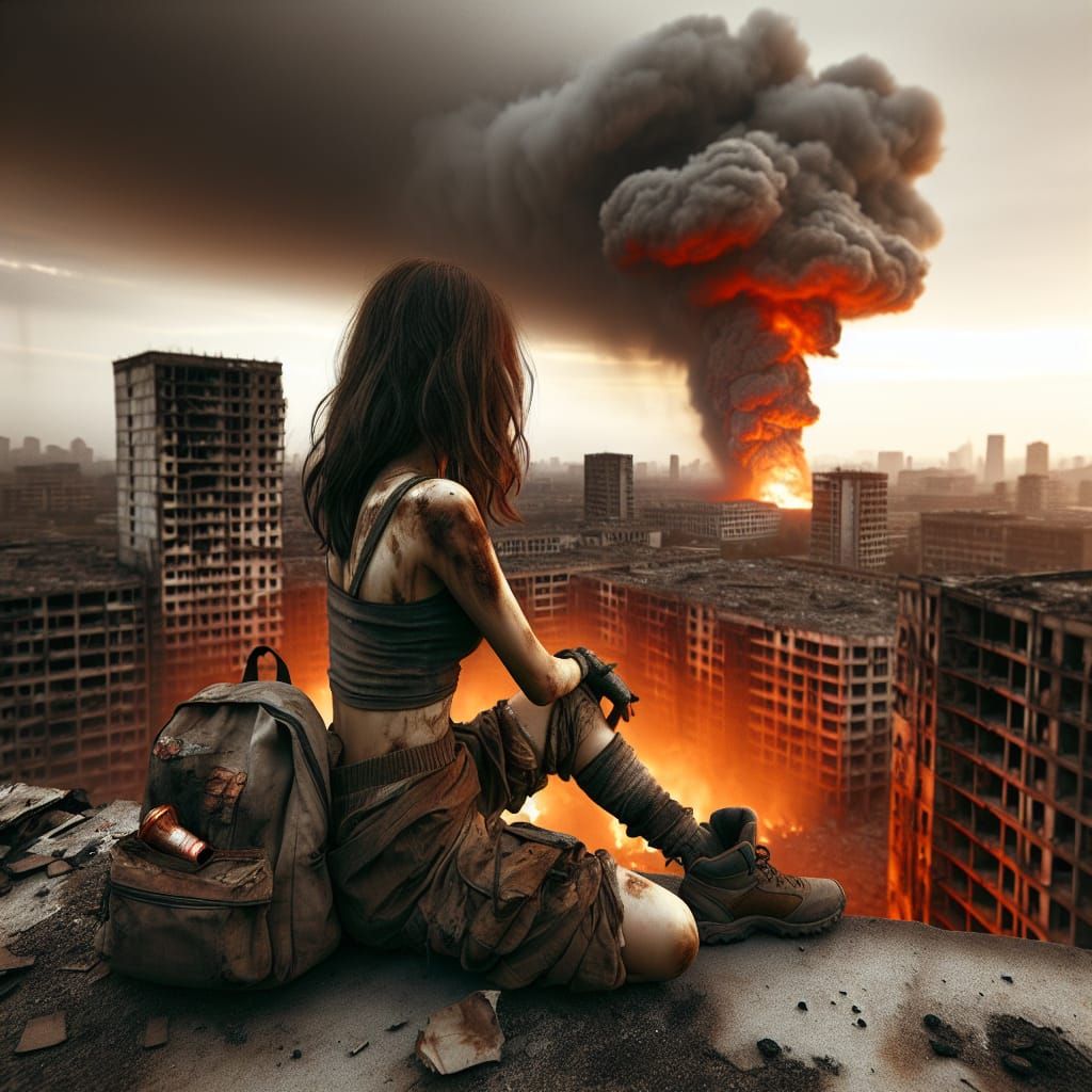 Young Survivor in War-Torn Cityscape