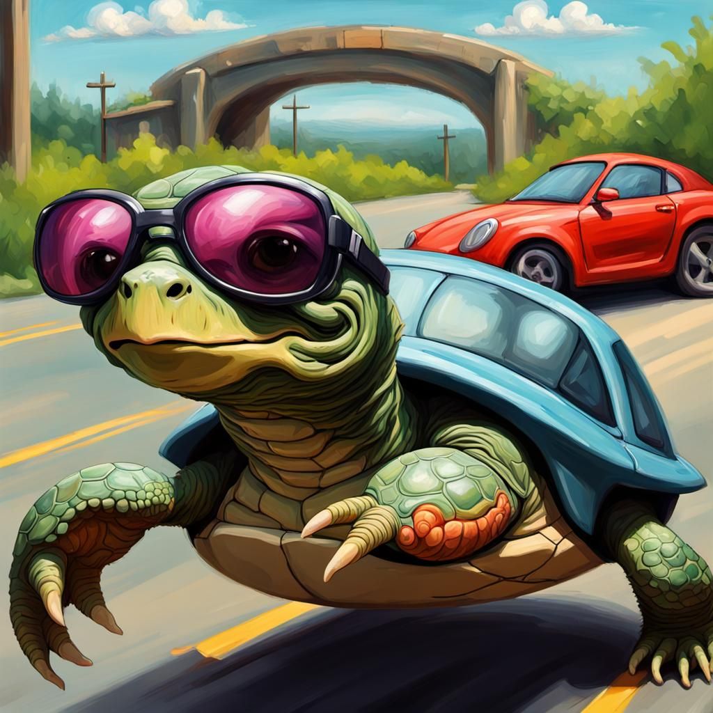 Cartoon Turtle Drives Sports Car: Impressionist Oil Painting