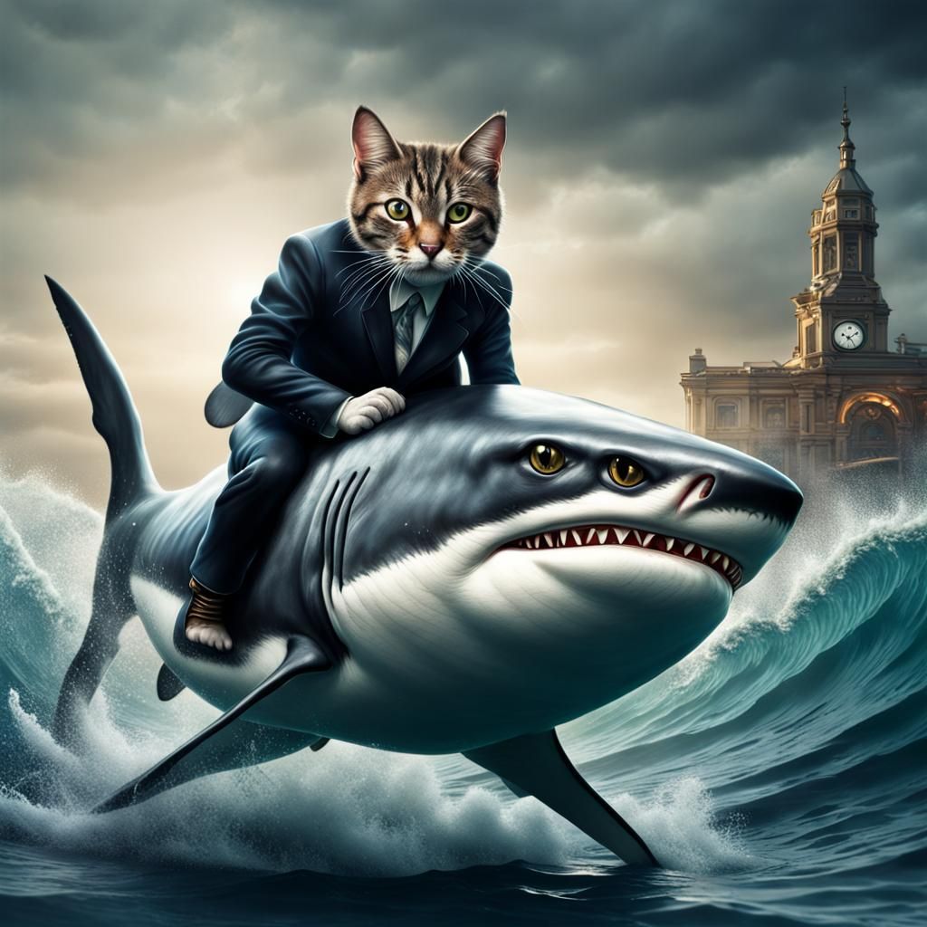 Hyperrealistic Cat Riding a Shark in the Ocean