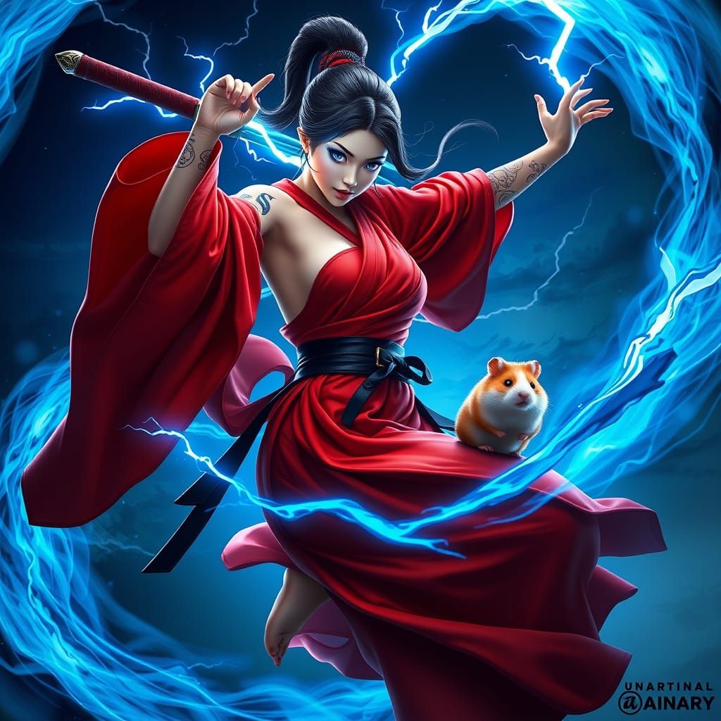 Mystical Ninja in Swirling Blue Aura with Fierce Hamster Com...