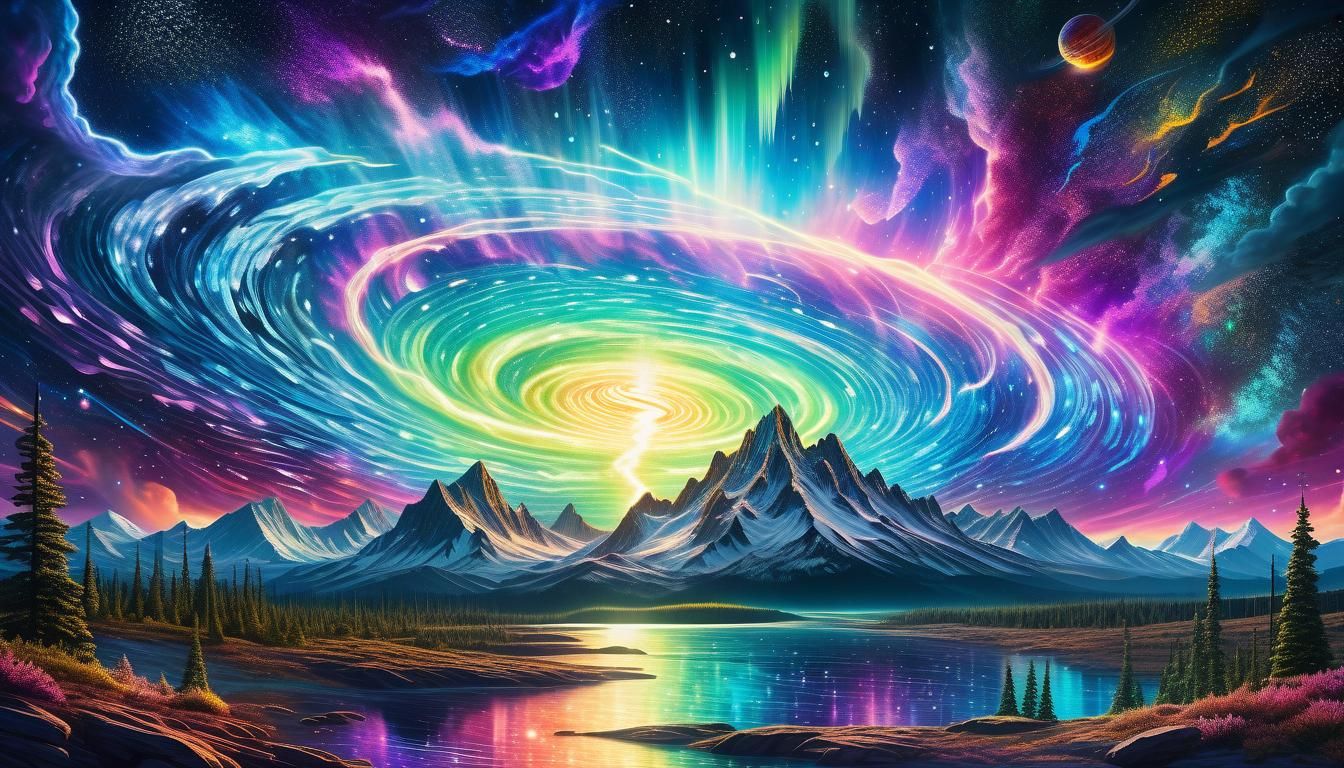 Glowing Cosmic Super Storm in Pablo Amaringo Style