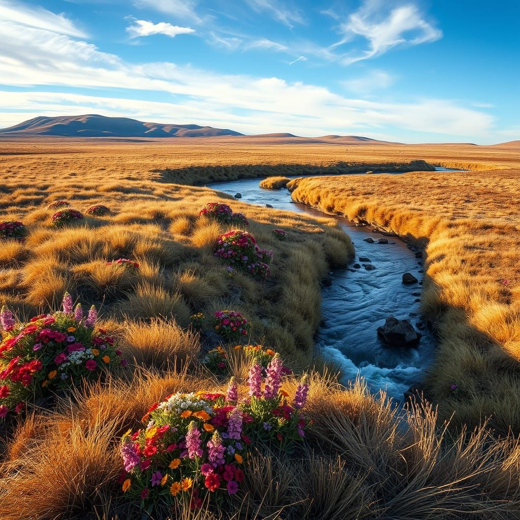 Windswept Tundra Landscape with River and Flowers