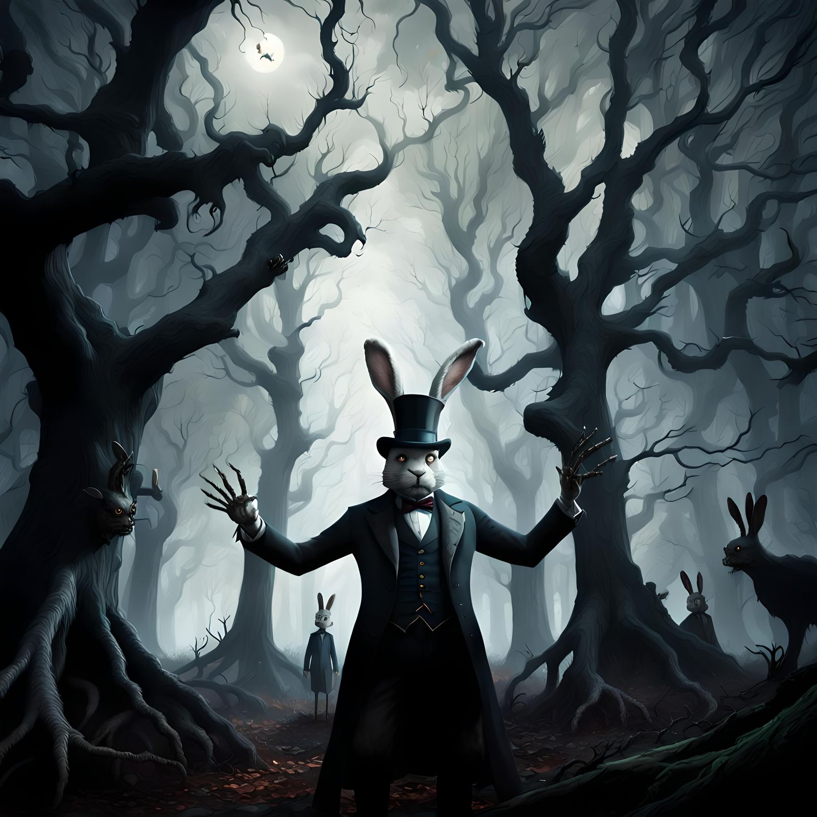 Dark Fantasy Woodland Scene with Undead Rabbit