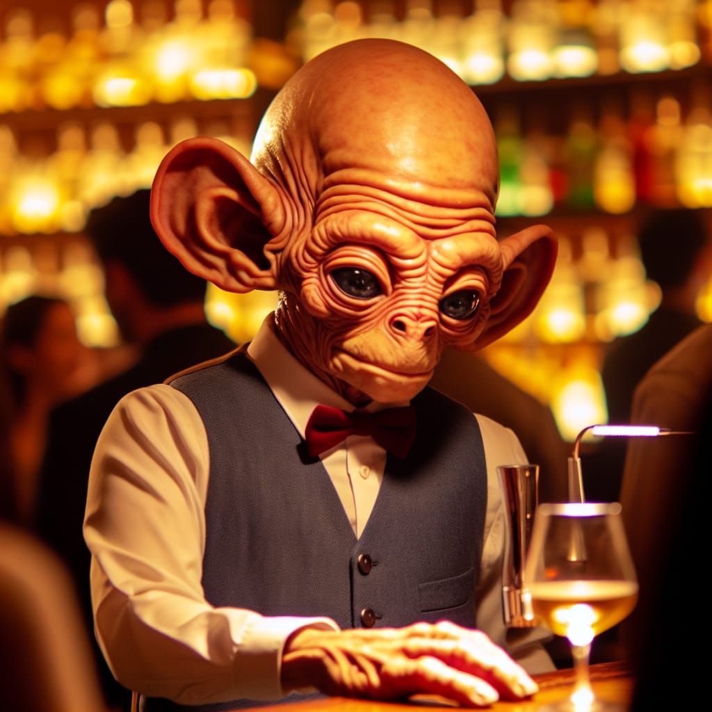 Alien Bartender Serving Drinks at a Bustling Bar