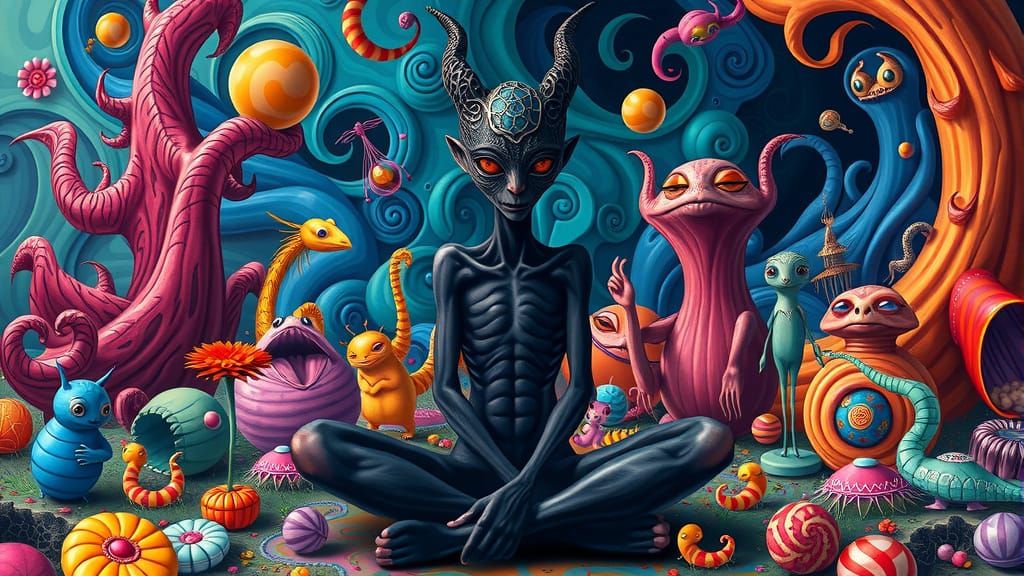 Humanoid in a Surreal Garden of Earthly Delights