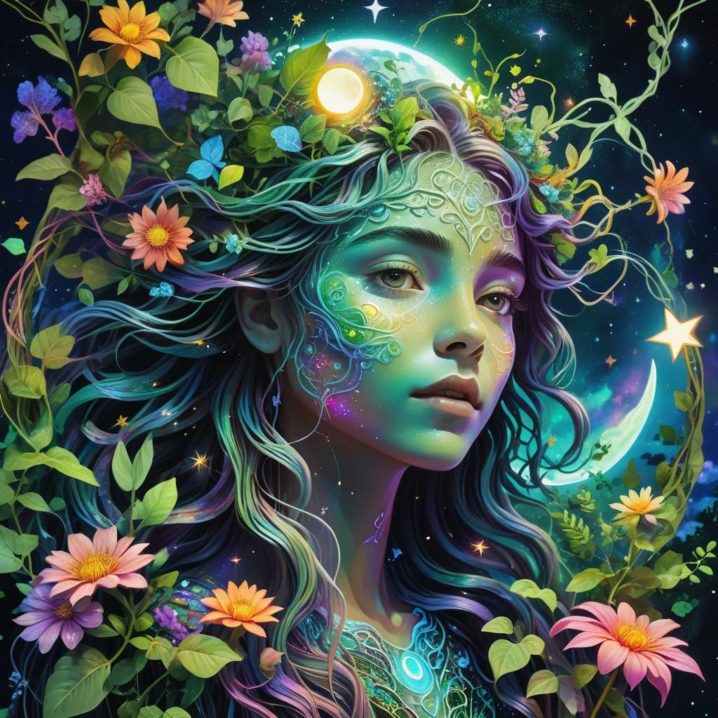 Cosmic Mayan Art: Lush Astral Being in Nature