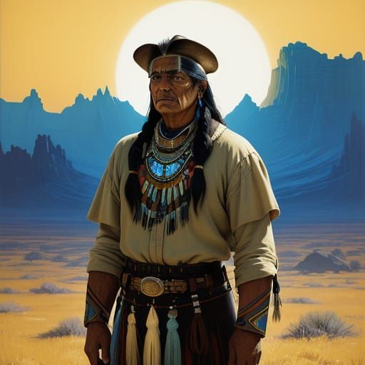 Stoic Native American Chief Under Vibrant Yellow and Blue Gr...