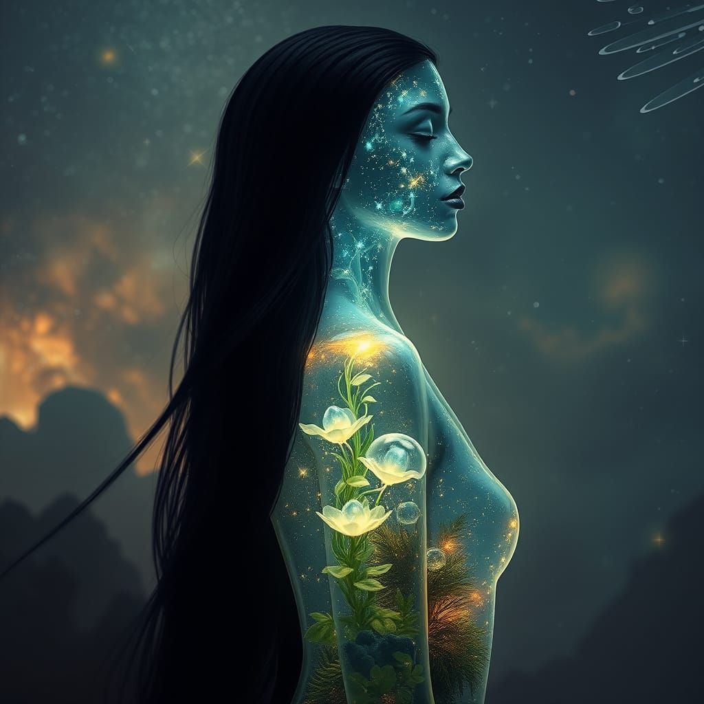 Glass Woman with Internal Ecosystems in Surreal Style