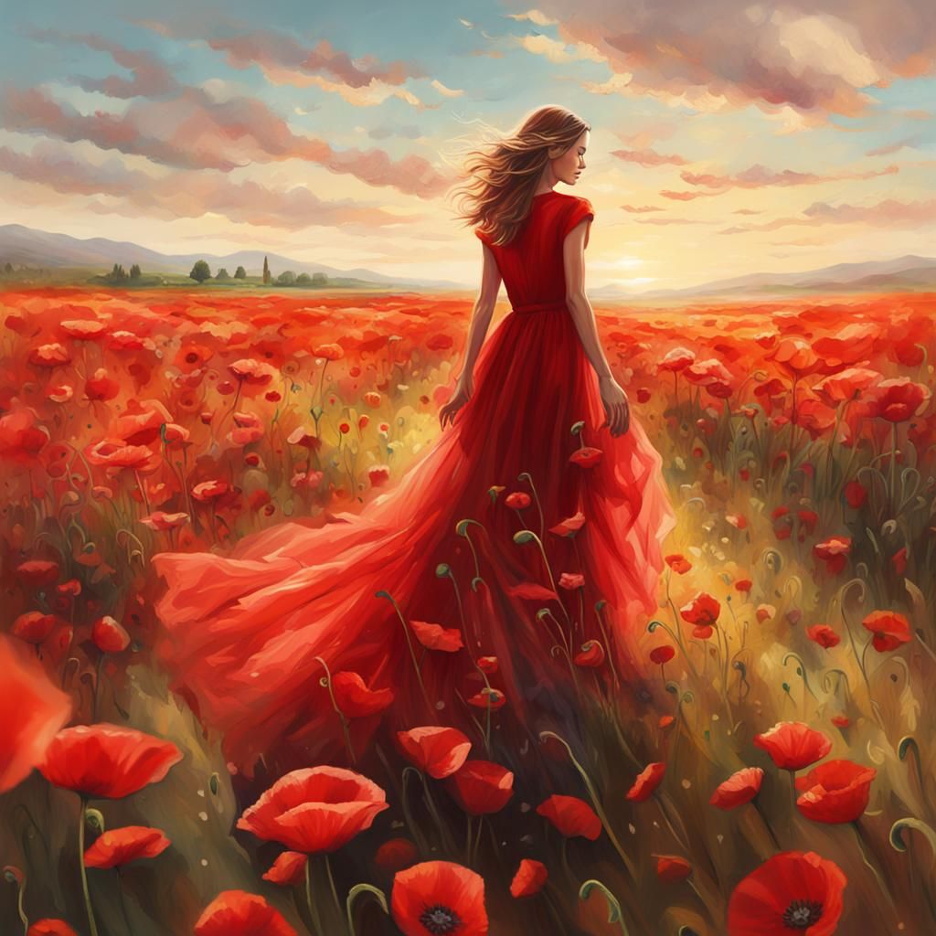 Woman in Red Dress Walking Through Poppies