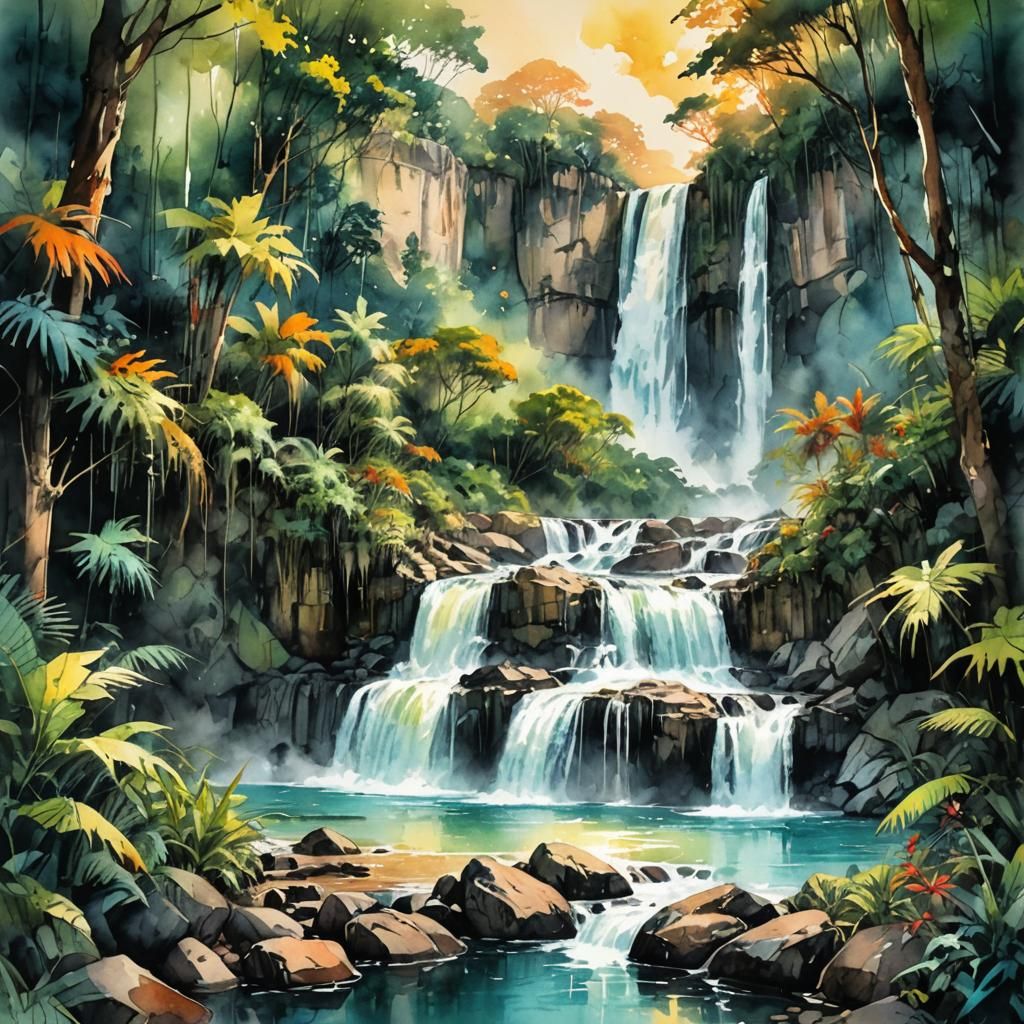 Jungle Waterfall Watercolor Sketch at Sunset